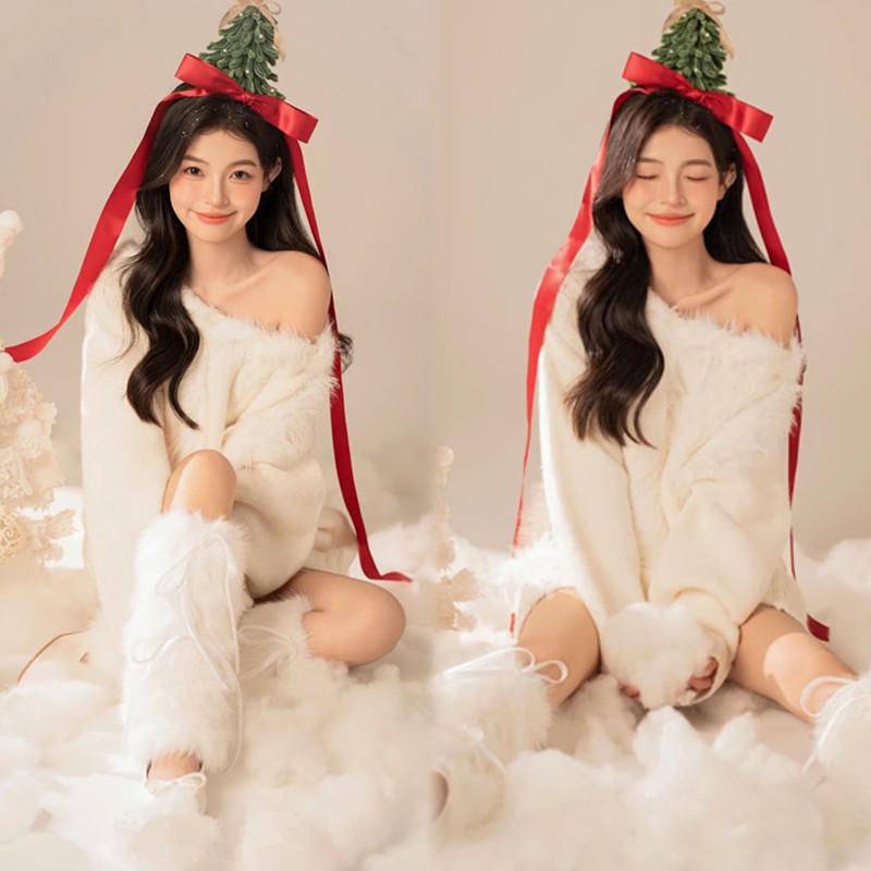 影楼新款圣诞节拍照主题服装韩系甜美可爱画报风少女毛衣摄影服