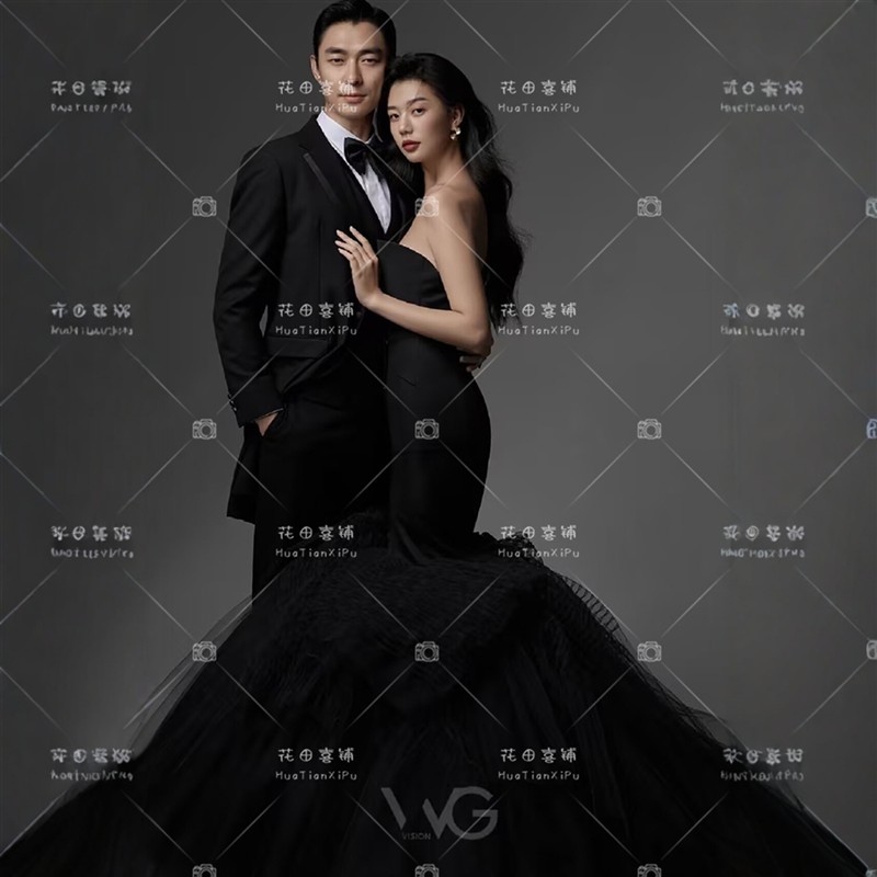黑色蓬蓬裙收腰鱼尾抹胸内景情侣拍照摄影长礼服影楼主题婚纱服装