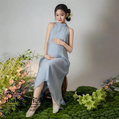 影楼新款新中式挂脖连衣裙女蓝色飘带气质优雅孕妈摄影服装高级感