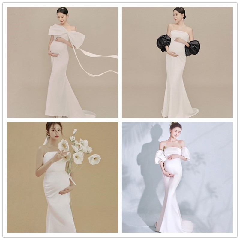 孕妇照服装新款缎面白色礼服影楼拍照孕妇装摄影服艺术照写真服饰