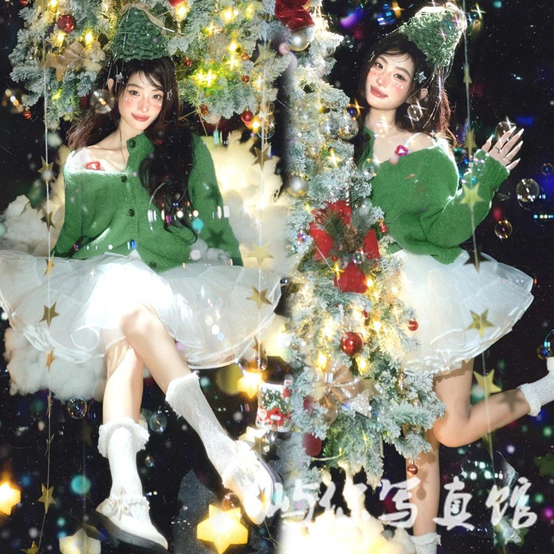 新款照相馆耶诞氛围主题少女毛衣可爱清新写真拍照摄影艺术照服装