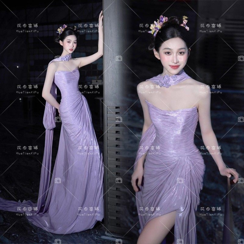 紫色新中式抹胸晚礼服高级轻奢新娘生日订婚晨袍主持人宴会连衣裙