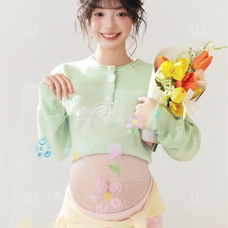 孕妇装甜美感少女风绿色针织开衫粉色短裙影楼摄影服装春日少女风