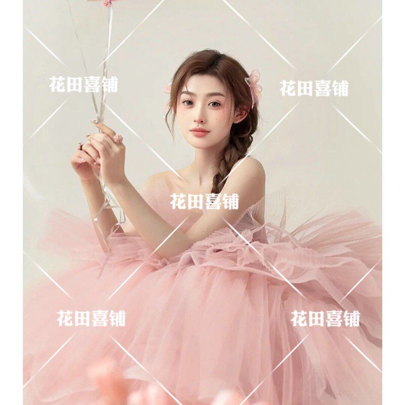 影楼主题氛围感少女写真粉色彩纱抹胸公主蓬蓬裙街拍婚纱摄影礼服
