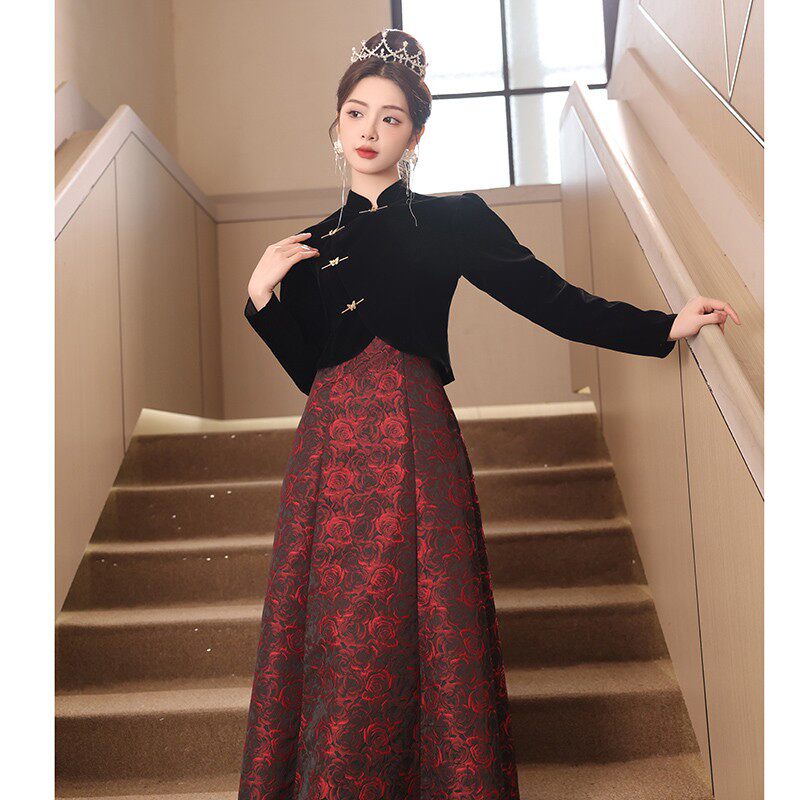 中式晚礼服女长袖2026新款高级感高端轻奢小众黑色订婚小个子大气
