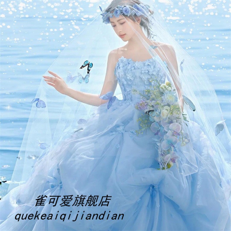 影楼新款蓝色花神森系抹胸花朵甜美韩式拖尾公主裙新娘新款出片款