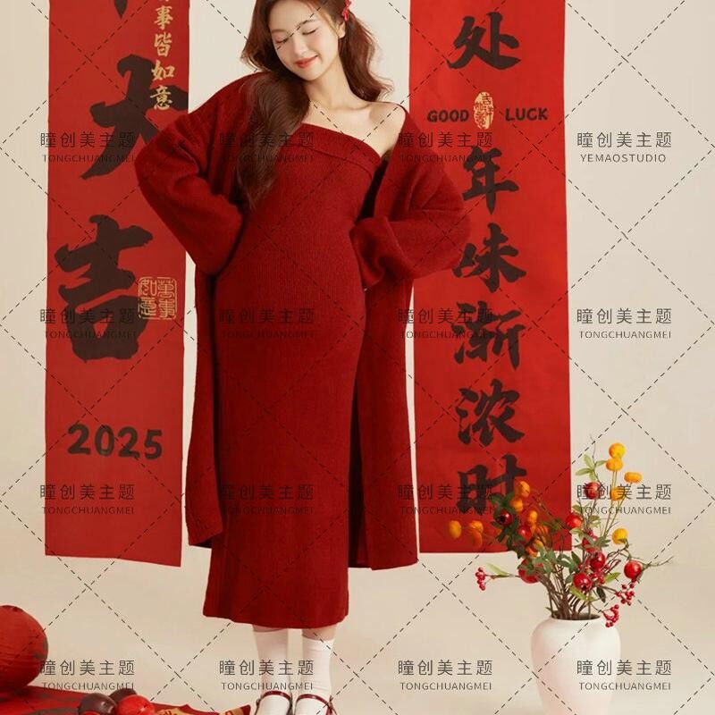 新款影楼主题红色针织孕妇装新年氛围感大肚孕妈写真拍照摄影服装