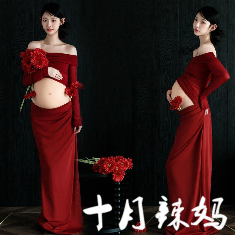 孕妇摄影服装照相馆耶诞主题情侣红色甜美风孕妈咪大肚照毛衣在家