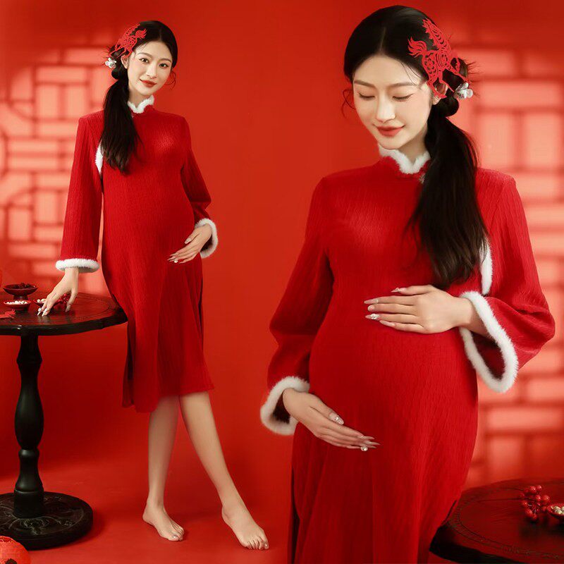 马年新中式红色加绒旗袍孕妇拍照服装新年喜庆敬酒写真服影楼服饰
