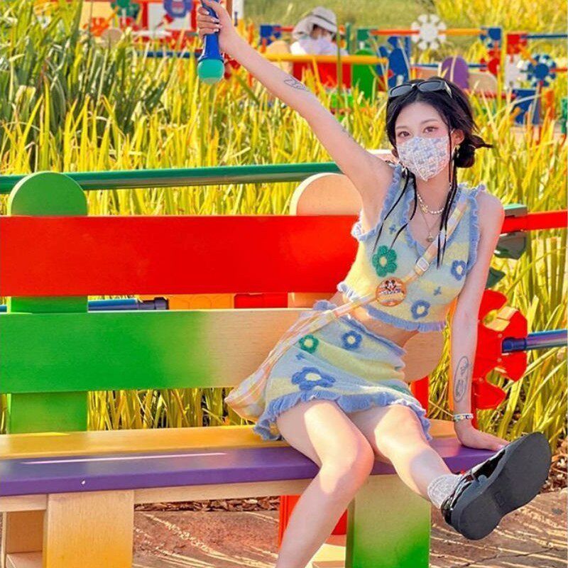 多巴胺女孩穿搭一整套荷花边吊带背心短款花朵短裙迪士尼公主套装