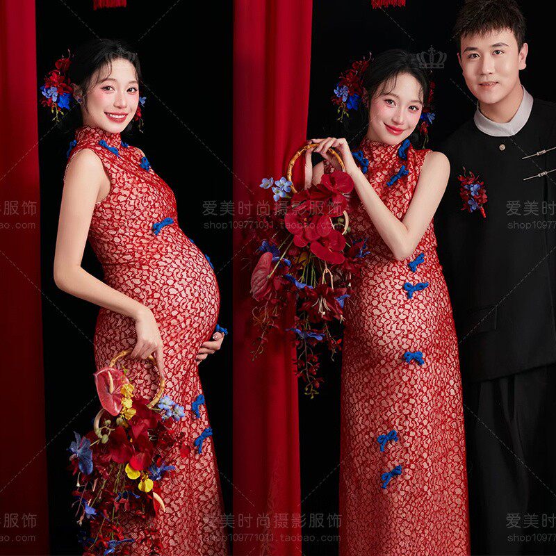 影楼新年孕妇主题礼服复古新中式红色连衣裙氛围感肖像艺术照服装