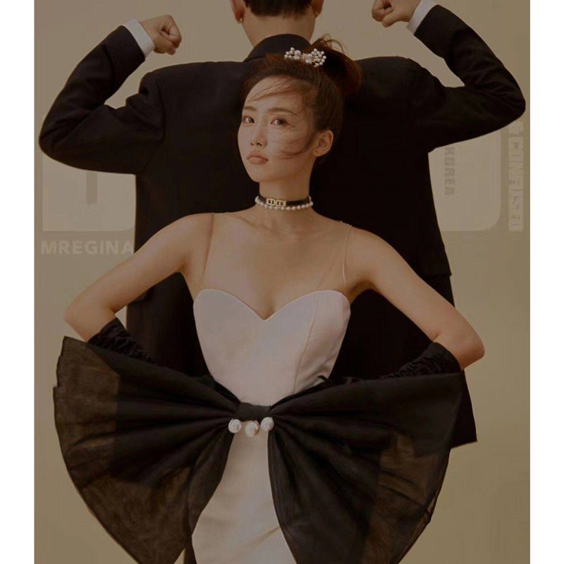 新款影楼情侣主题服装轻复古婚纱修身收腰鱼尾抹胸蝴蝶结时尚礼服