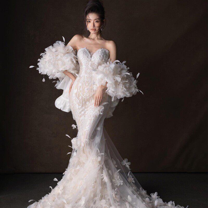 影楼拍照主题服装韩版写真蕾丝鱼尾婚纱白色羽毛花朵梦幻仙女礼服