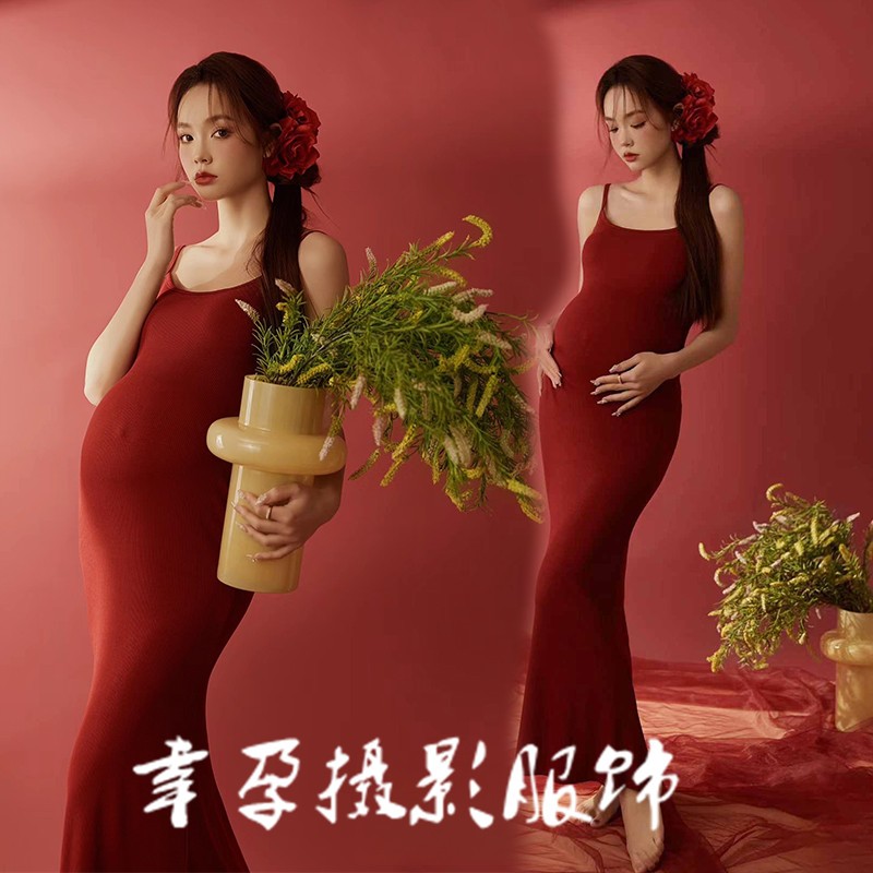 影楼新款孕妇照服装法式复古纯欲风高级感红色吊带裙孕妈咪摄影服