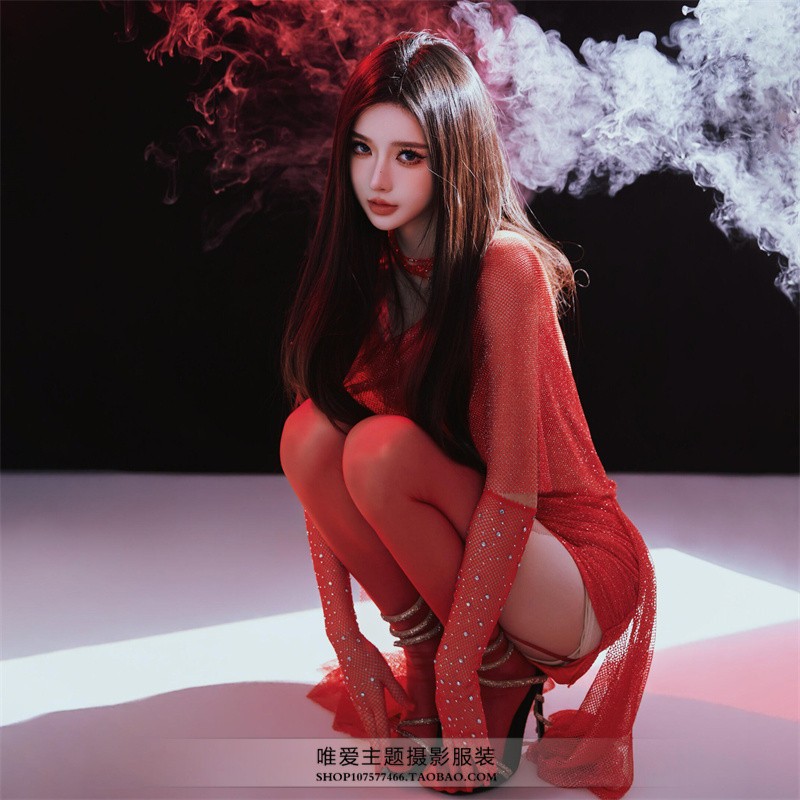 影楼新款性感辣妹红色连帽显瘦修身网纱荷叶不规则打底摄影服饰