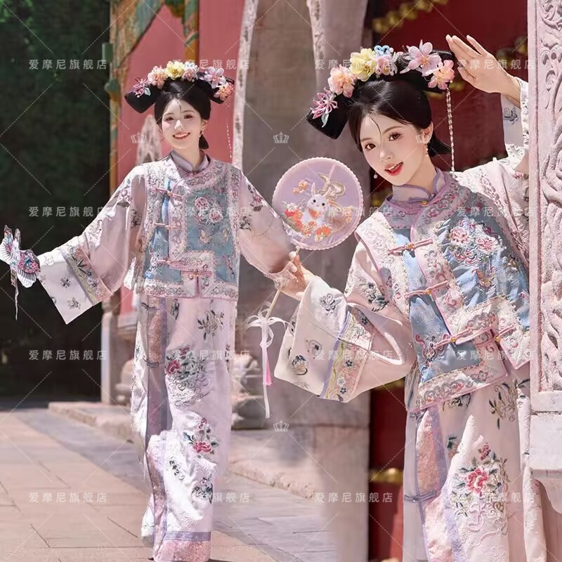 汉服女清代印花古装清朝延吉公主旗袍宫廷格格服两件套旅拍服装女