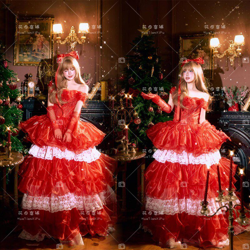 2026新款影楼法式复古宫廷红色公主风蛋糕裙轻婚纱生日写真礼服