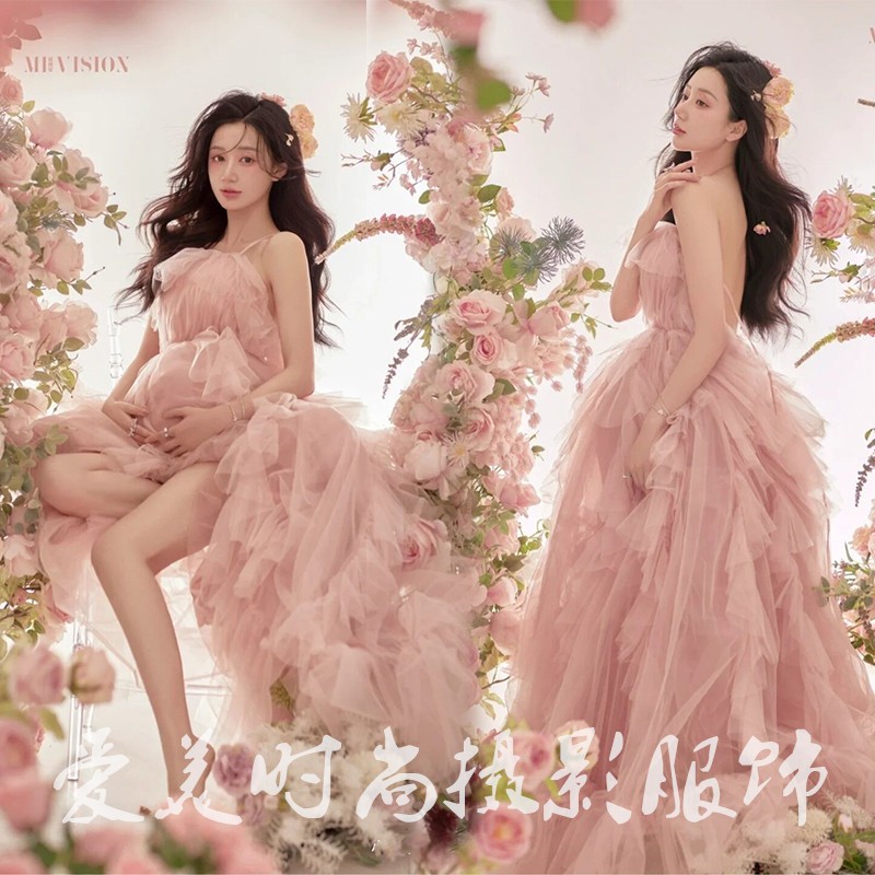 22影楼新款孕妇摄影拍照主题服装孕妈大肚拍照唯美超仙粉婚纱礼服