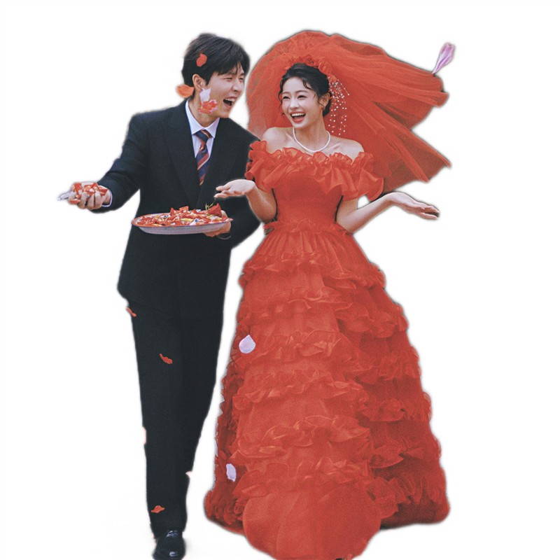 新款影楼复古婚纱港风红色喜嫁风氛围感80年代婚纱照礼服摄影服装