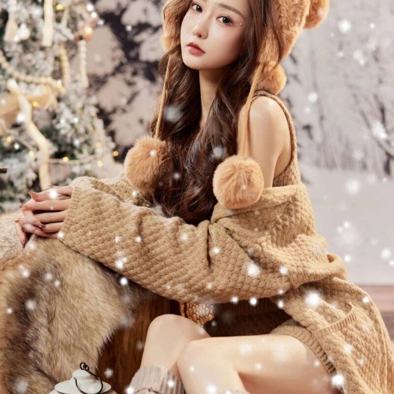 影楼秋冬女装圣诞雪景拍照服装新年慵懒风咖色毛衣艺术照个人写真