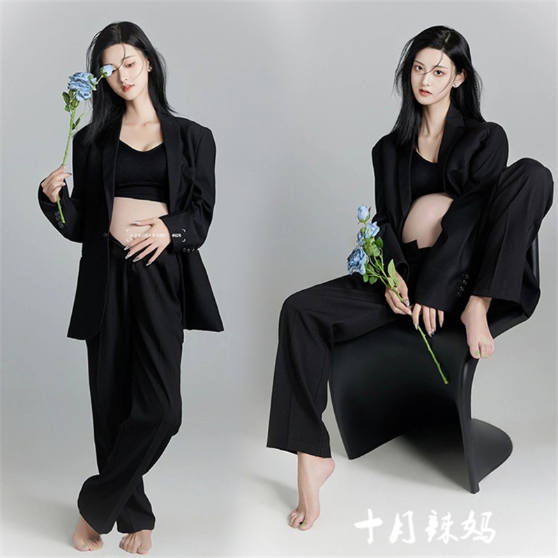 影楼孕妇拍照服装新款高级感简约御姐风黑色西装孕妈咪大肚摄影服