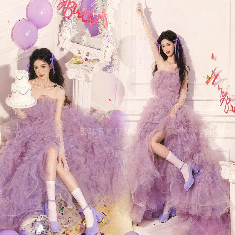 影楼新款香芋紫色婚纱韩系甜美风少女氛围感生日主题艺术照写真服
