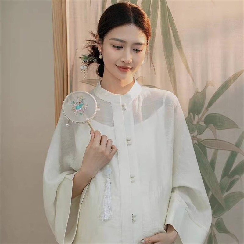 影楼改良孕妇中国风女装秋季新中式盘扣禅意茶服衬衫上衣半裙套装