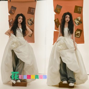 影楼拍照旅拍主题服装 高级婚纱摄影情侣混搭抹胸白色前短后长礼服