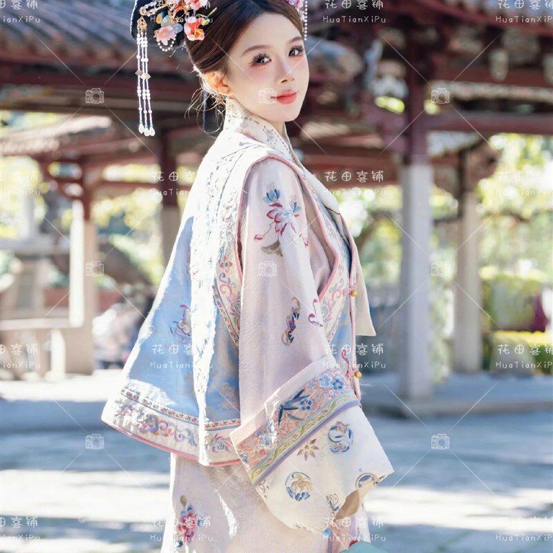 汉服女清代印花古装清朝延吉公主旗袍宫廷格格服两件套旅拍服装女