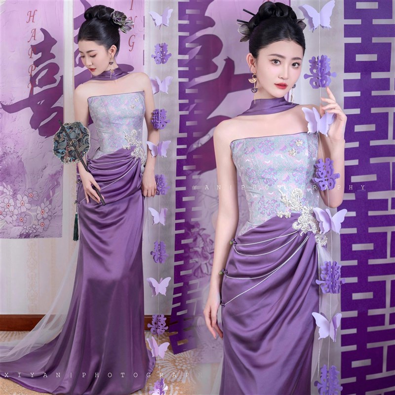 新中式紫色晨袍抹胸高级感敬酒服新娘订婚晚礼服裙女高端轻奢小众