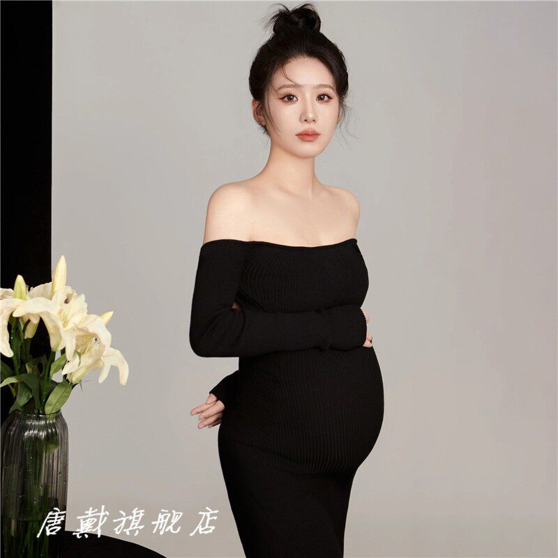 23孕妇照服装新款影楼黑色性感露背针织连衣裙孕妈艺术照摄影服饰