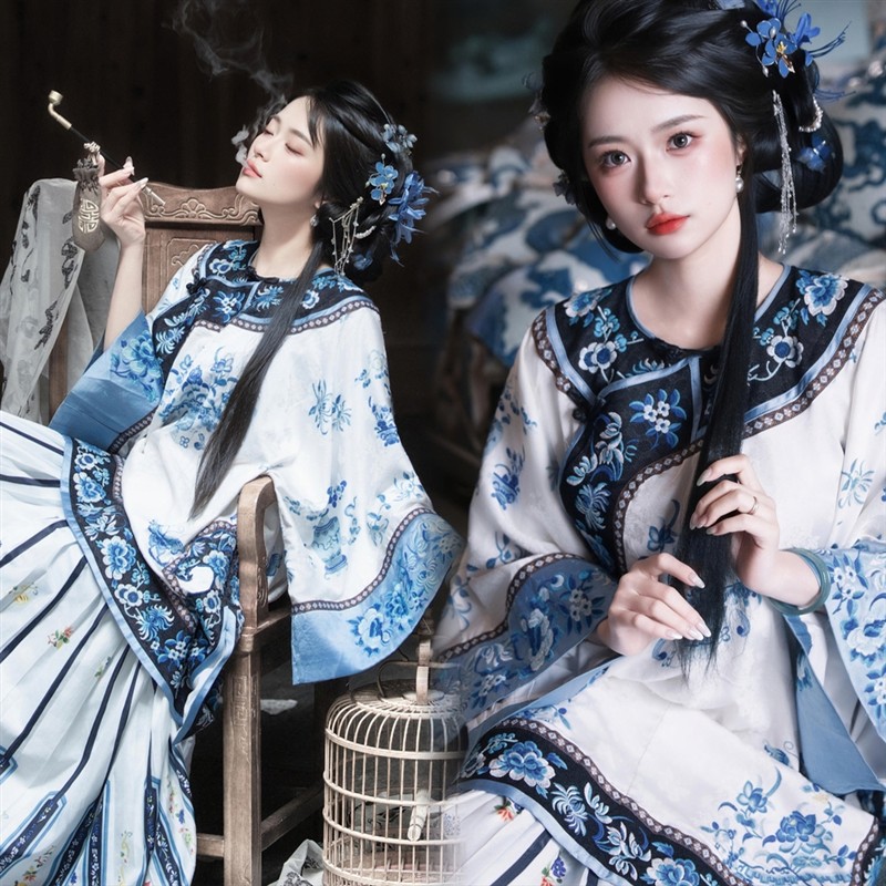 影楼新款清朝格格服装新中式民国风青花瓷清汉女外景旅拍写真服饰