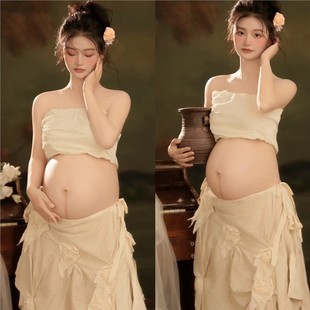 2459炫迈同款孕妇拍照摄影写真服装影楼气氛感花朵不规则长裙