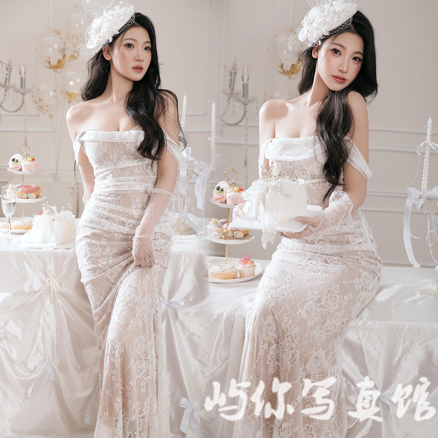 影楼新款千金公主风法式轻奢白色蕾丝连衣裙女生日艺术照写真服装