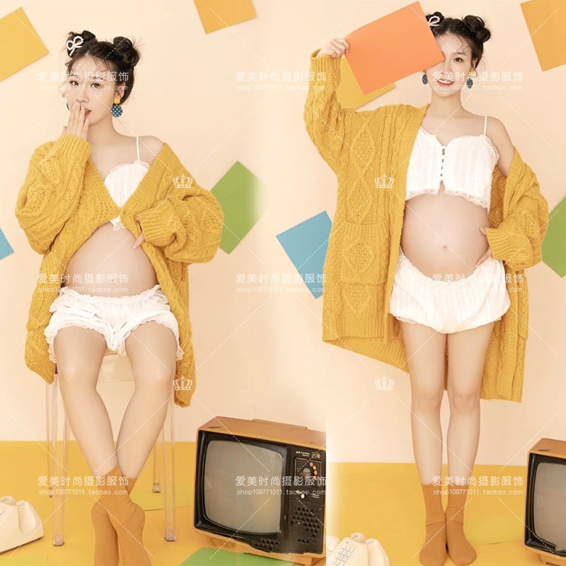 孕妇摄影服装韩式唯美黄色毛衣外套影楼孕期拍照清新写真照片服装