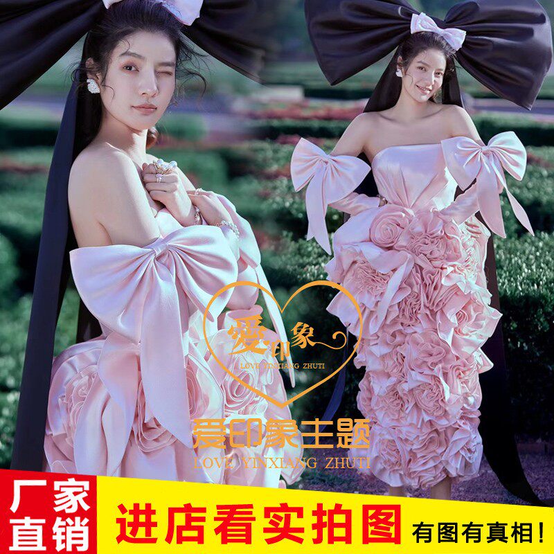 2026新款影楼主题服装旅拍婚纱摄影情侣写真粉色时尚花朵拍照礼服