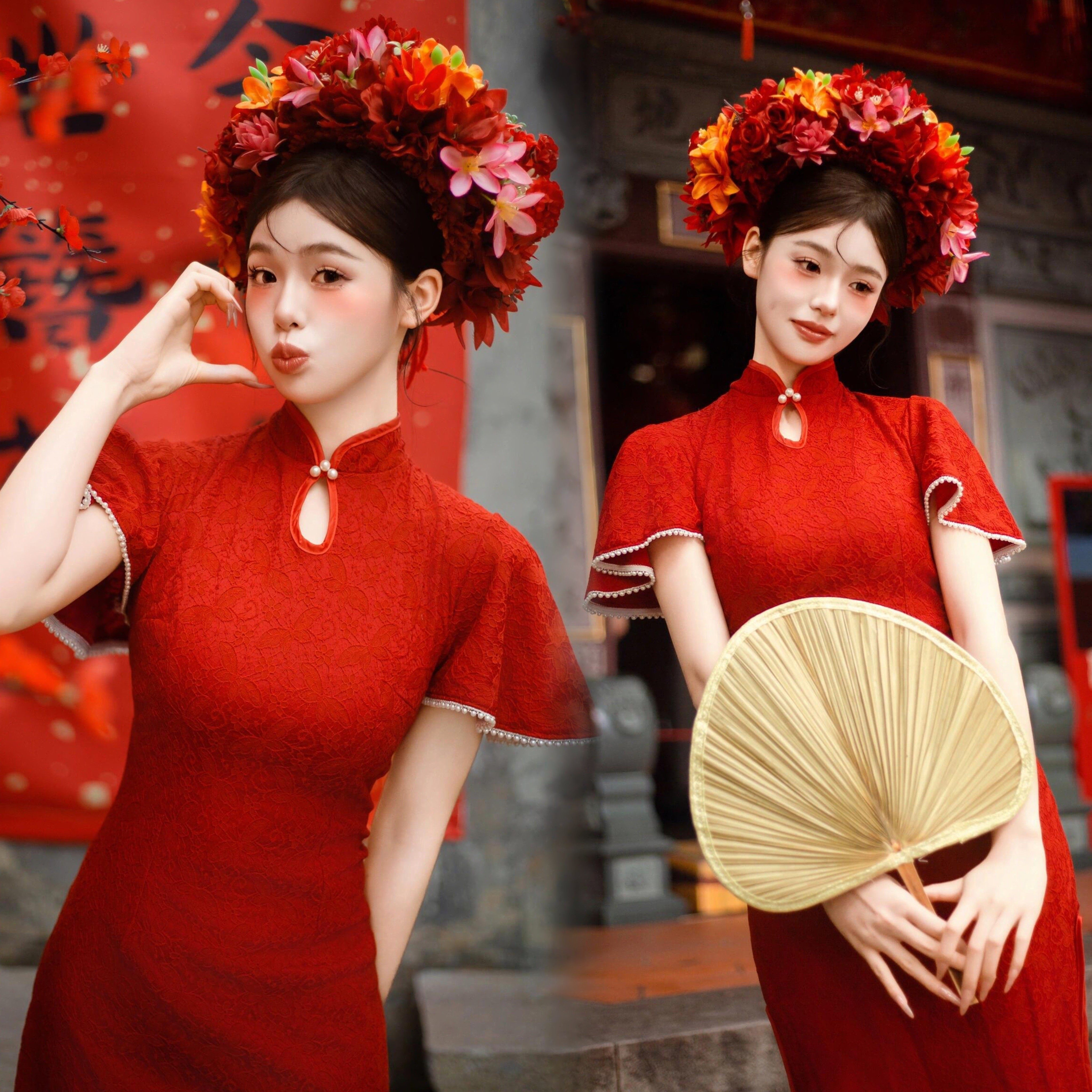 簪花服装红色旗袍女旅拍新中式旅拍写真拍照礼服显瘦高级感摄影服,男装,其他民族服装,淘宝优惠券,粉丝福利购,淘宝优惠卷