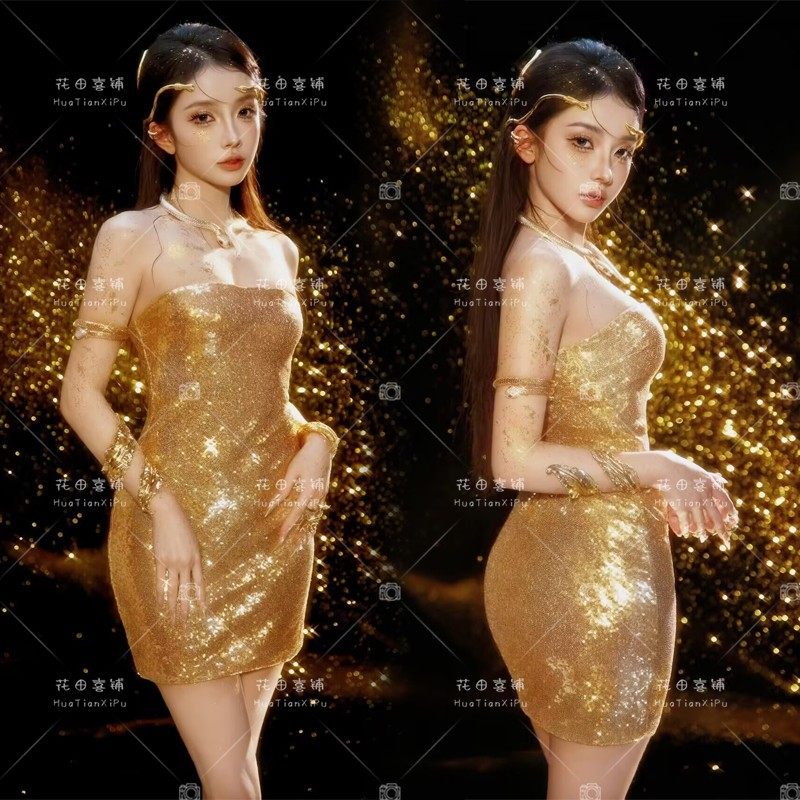 影楼新款蛇年金蛇写真主题摄影服装金色亮片礼服夜店DS舞台演出服