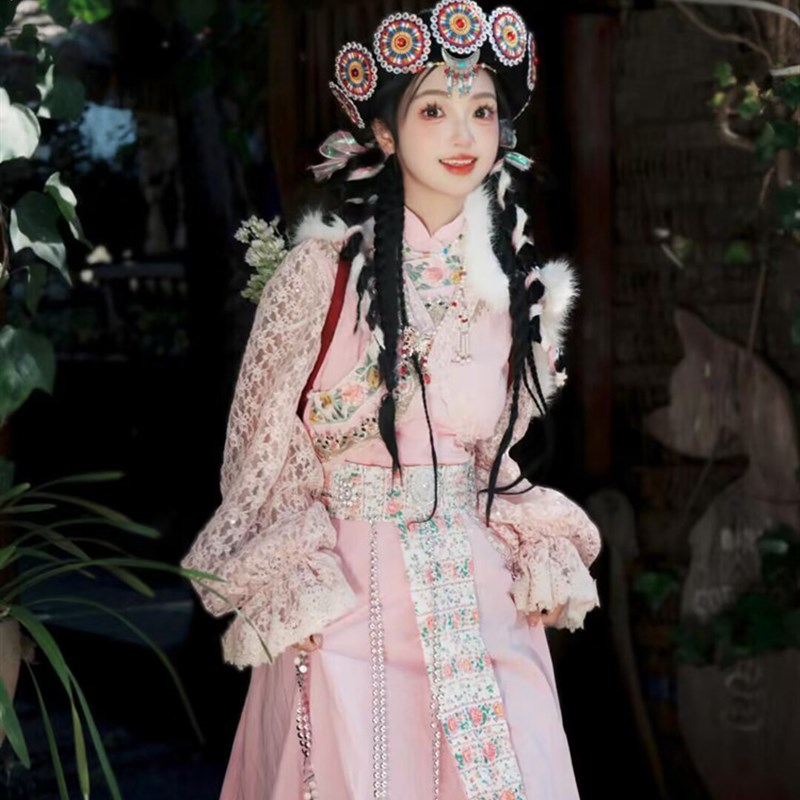 云南网红同款藏袍粉色藏族女民族风纳西族旅拍写真西藏拍照服装