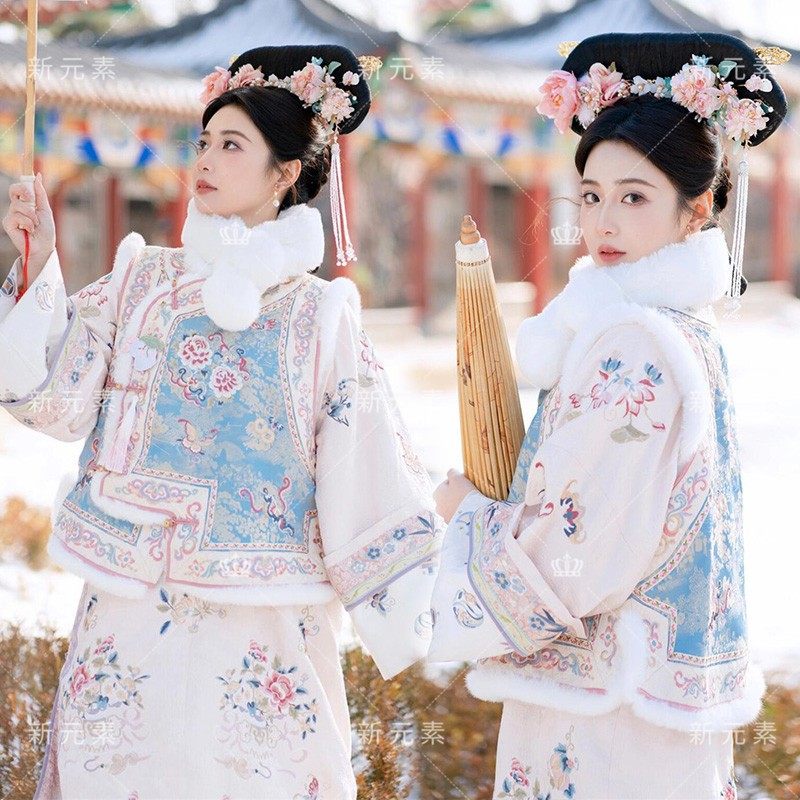 清代汉服女印花古装清朝延吉公主秋冬旗袍宫廷加厚格格服旅拍服装