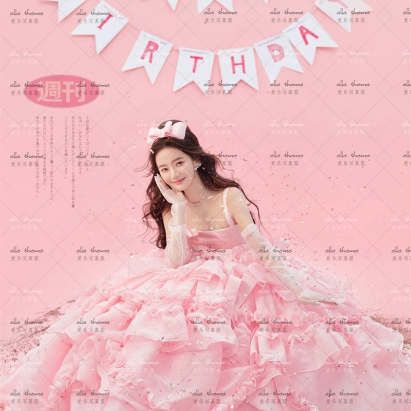 甜美少女生日派对在逃公主影楼写真服粉色吊带分体蛋糕蓬蓬裙彩纱