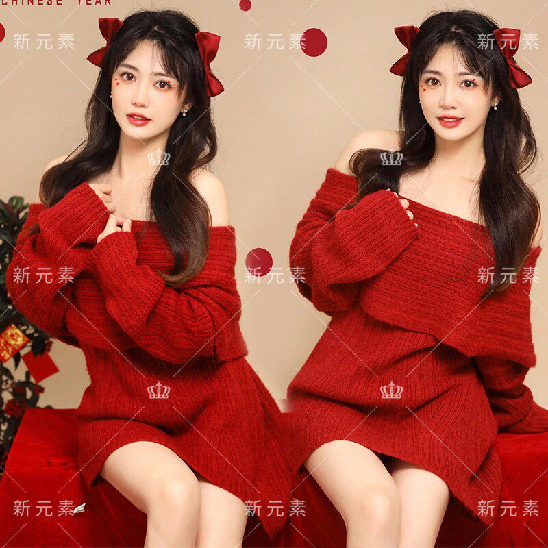影楼新年主题个人写真拍照红色毛衣甜美少女小清新艺术照摄影服饰