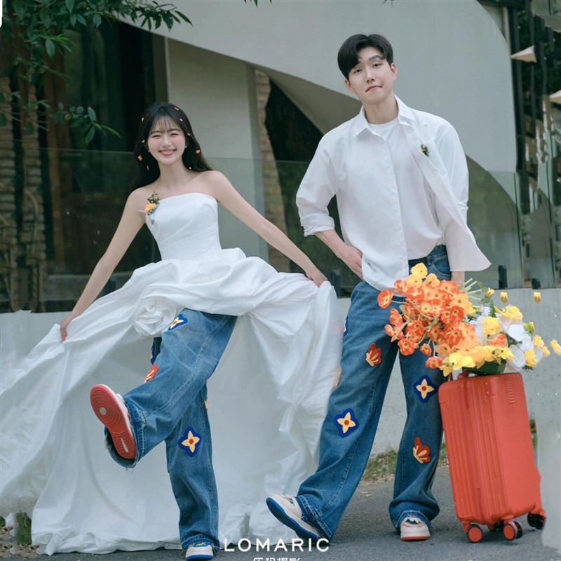 影楼拍照旅拍主题服装街拍婚纱摄影情侣混搭抹胸白色前短后长礼服