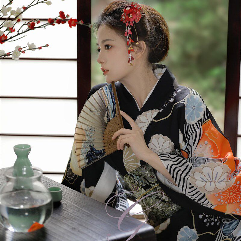 和服女正装传统日本少女改良中国风日系和风黑色性感神明少女和服