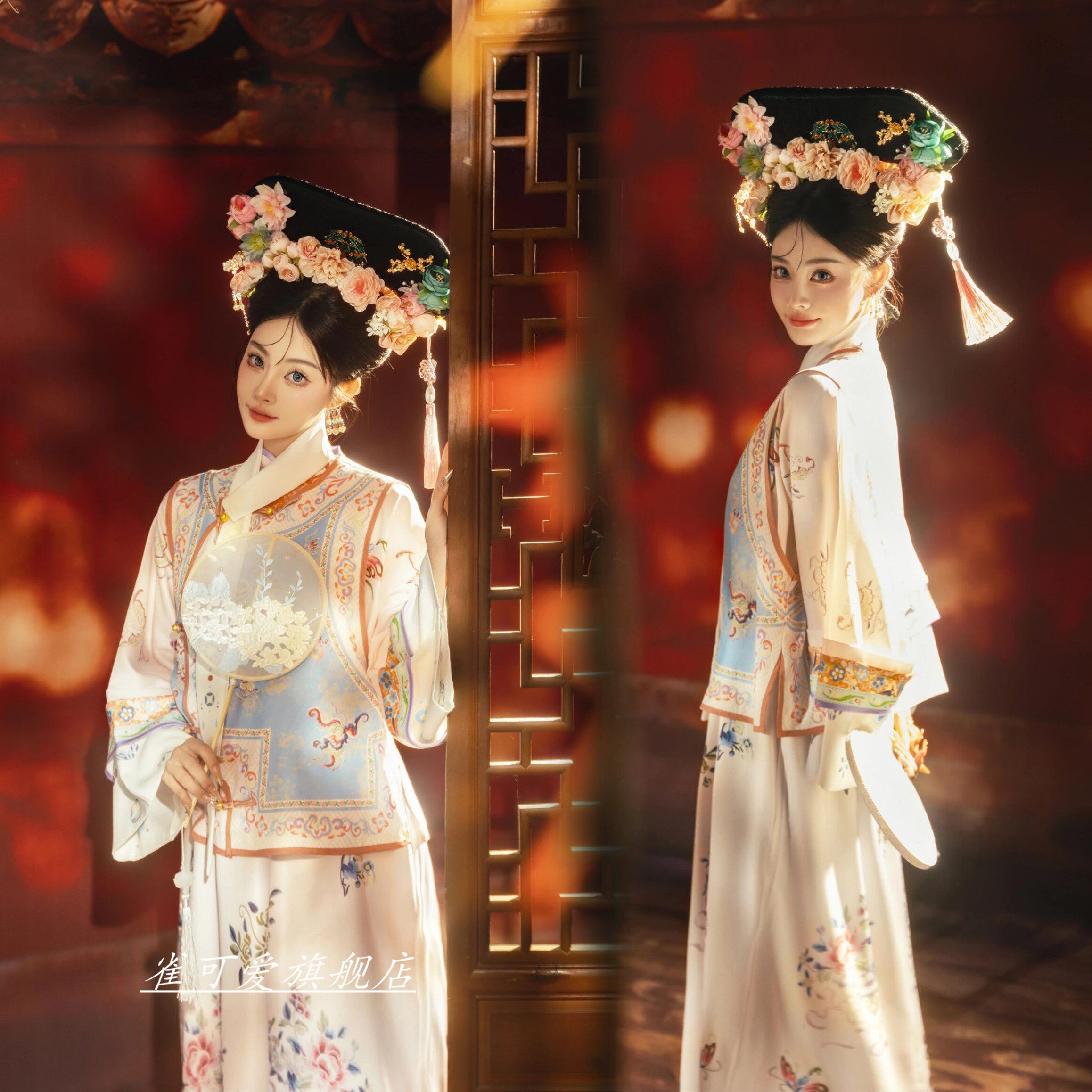 影楼新款汉服女清代印花古装清朝延吉公主旗袍宫廷格格服摄影写真