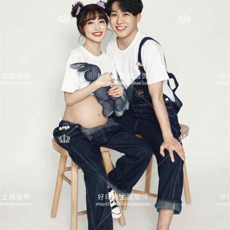 新款影楼孕妇拍照服装情侣写真牛仔背带裤夫妻清新大肚妈咪照服饰