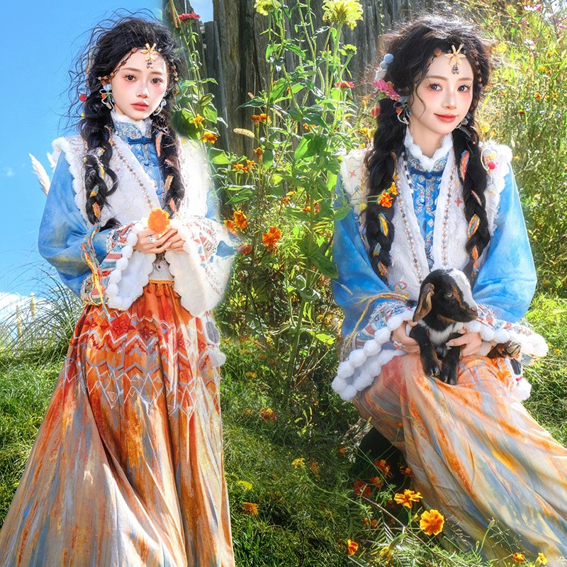 写真服装女罗袖动香改良对襟衫绣花衬衣印花半裙民族风旅拍摄影服