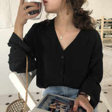 宽松显瘦雪纺V领衬衣潮 女学生秋季 韩国简约纯色气质百搭长袖 衬衫