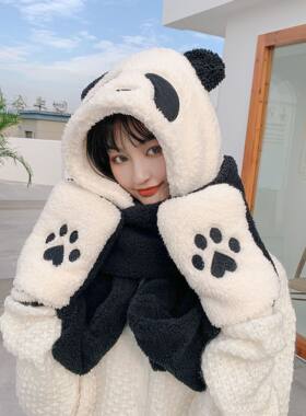 冬舒棉绒熊猫围脖一体帽子套装