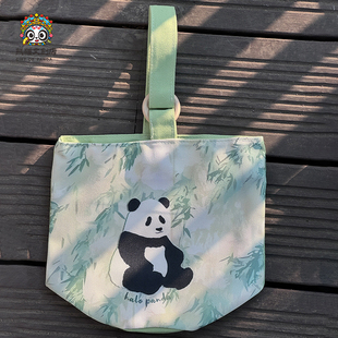 手提袋通勤出行小清新帆布包折叠水桶包竹子熊猫印花可爱卡通拎包
